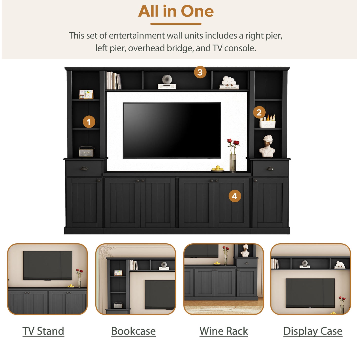 Black wood entertainment wall unit with TV console shelving and cabinets