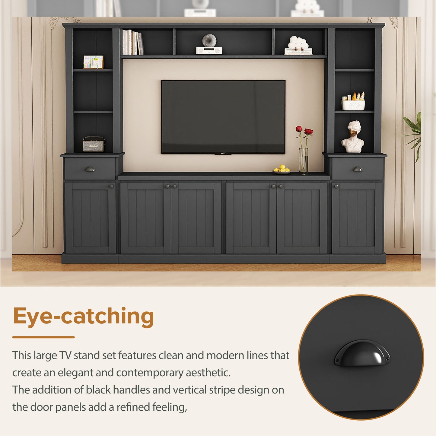 Dark gray modern TV stand set with shelves and drawers for media storage