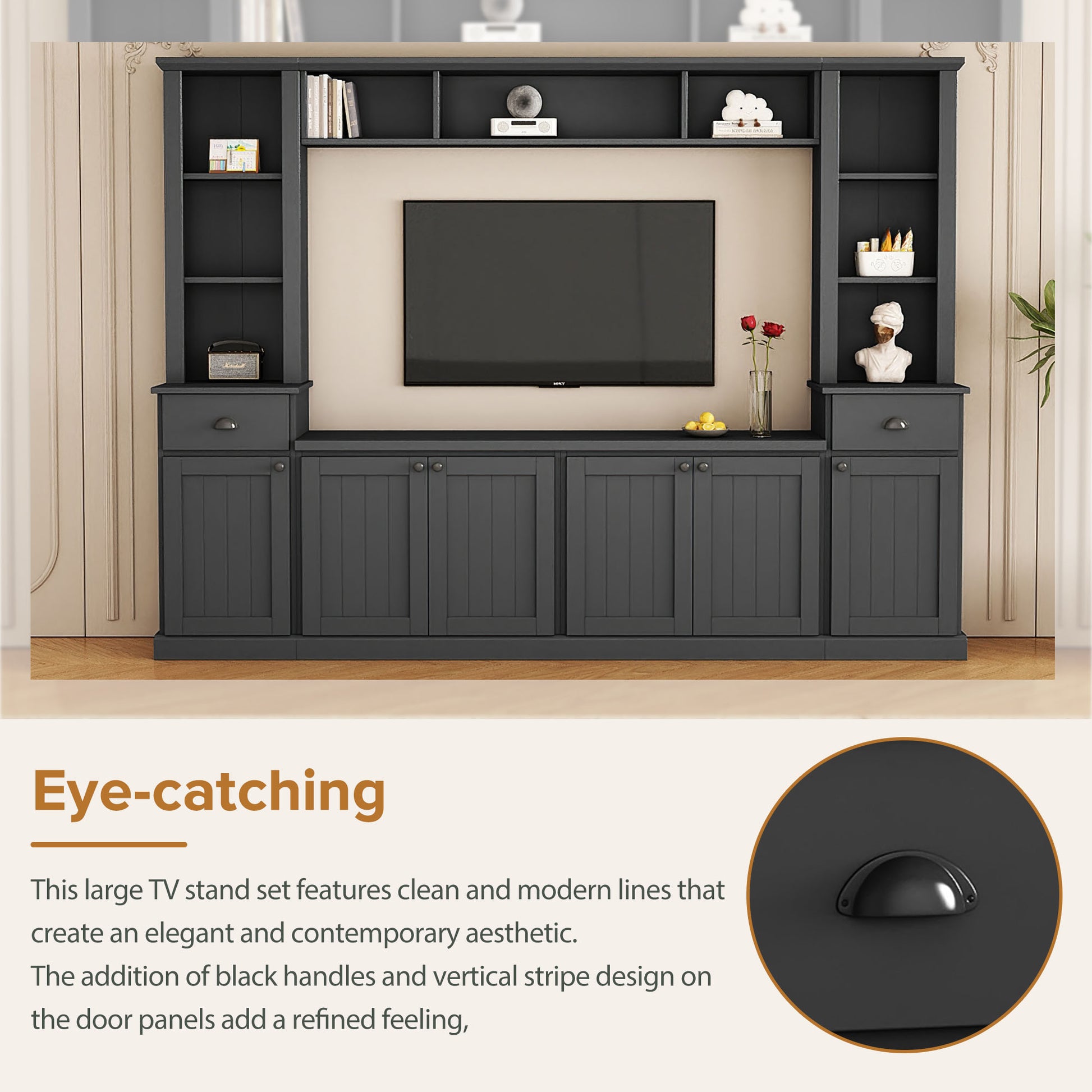 Dark gray modern TV stand set with shelves and drawers for media storage