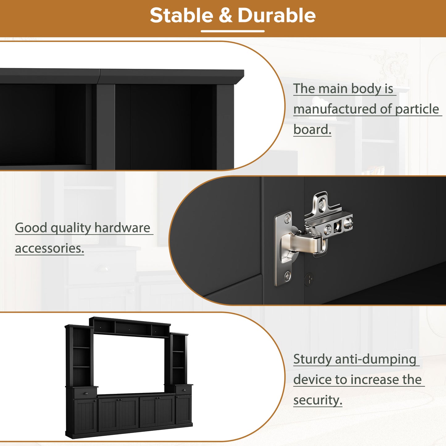 Closeup of black particle board entertainment center main body construction