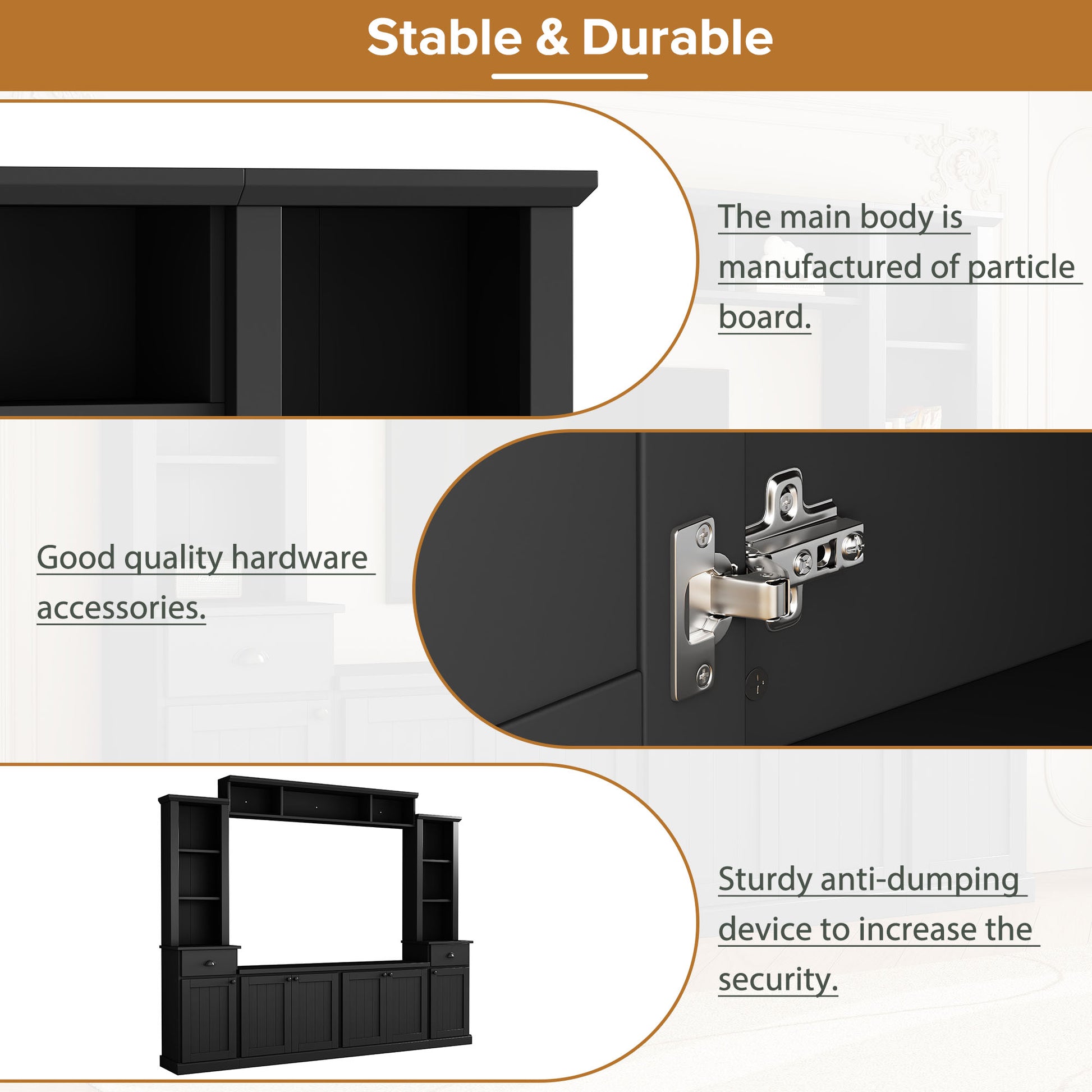 Closeup of black particle board entertainment center main body construction