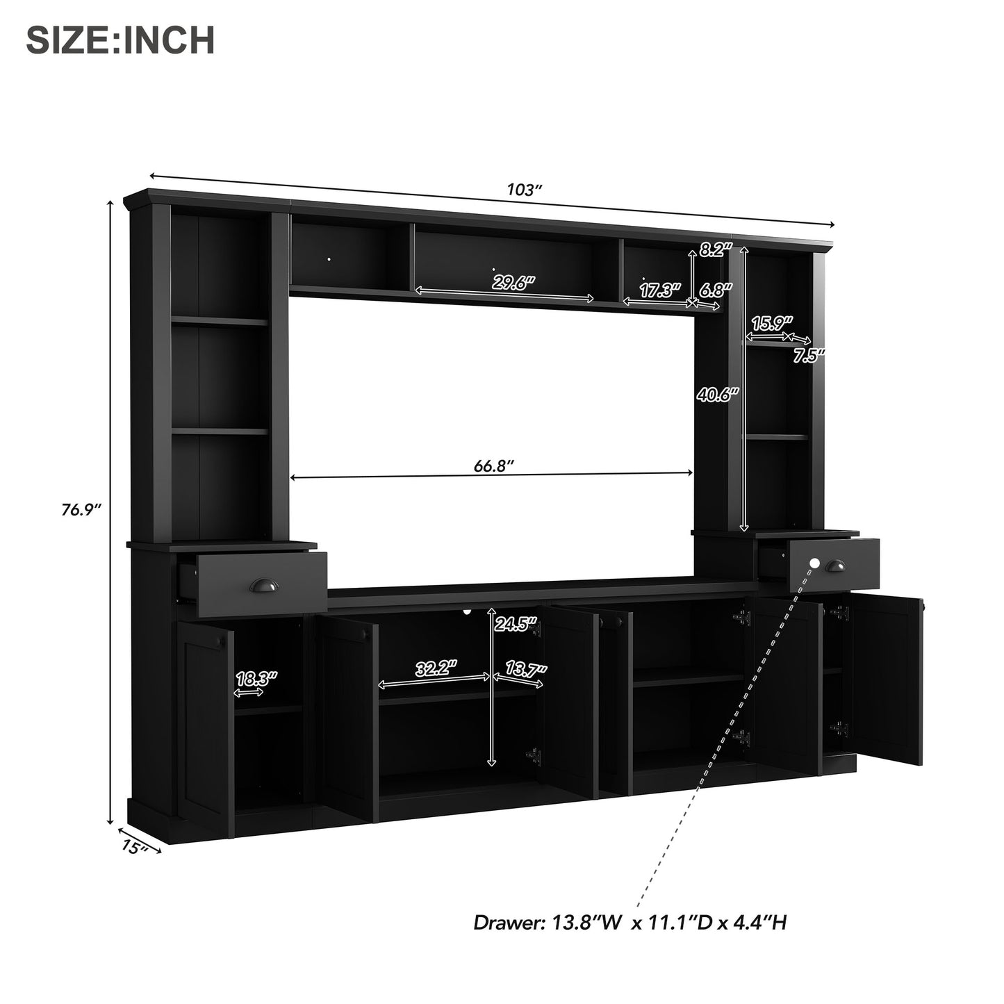 Black media console with open shelves drawers and cabinets for media storage
