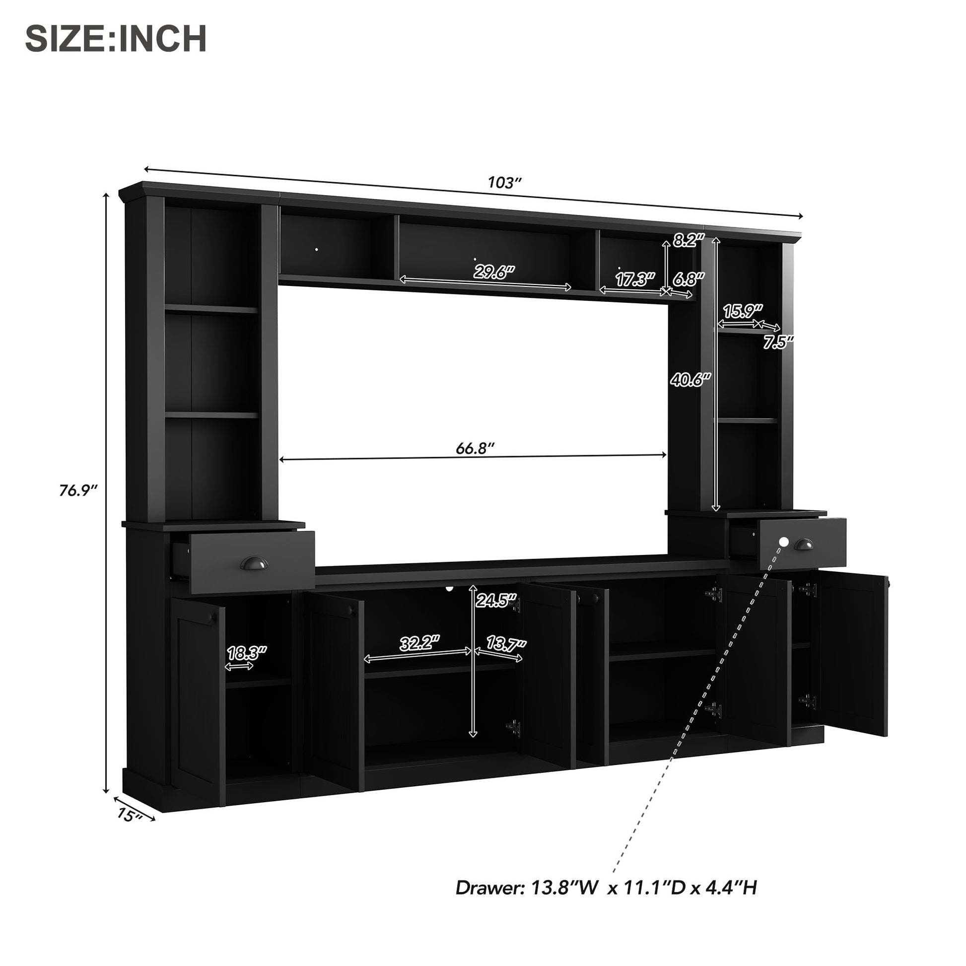 Black media console with open shelves drawers and cabinets for media storage