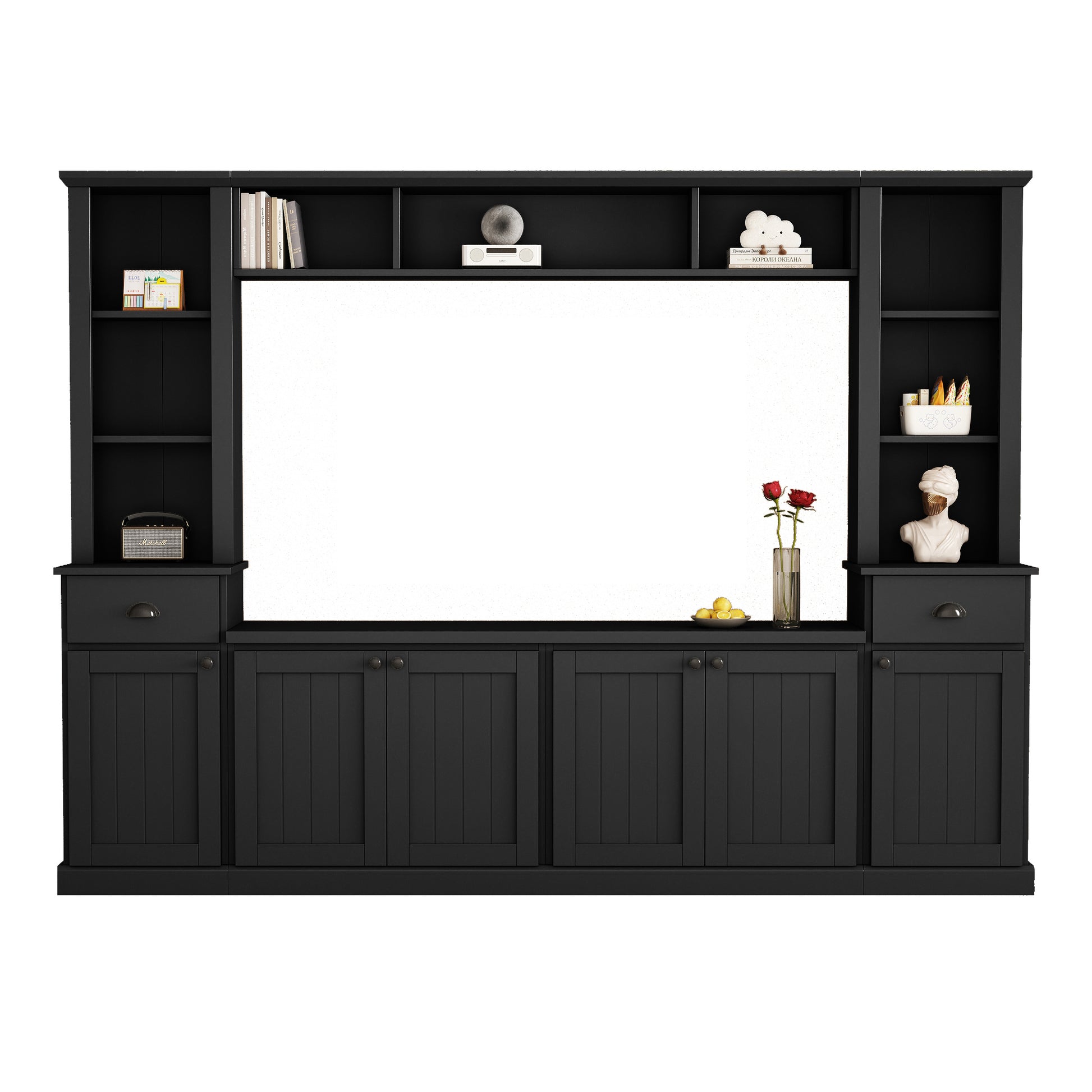 Black wooden media console with multiple shelves drawers and cabinets for entertainment systems