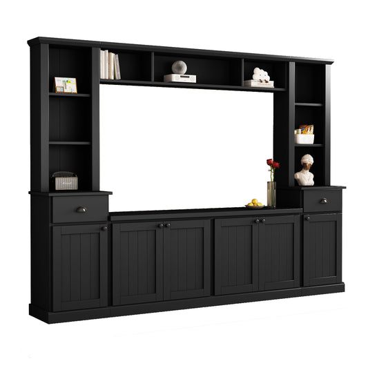 Black wood media console with open shelving and cabinet doors