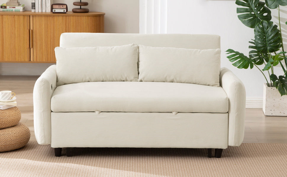 Cream corduroy sofa bed with two plush back pillows and storage compartment