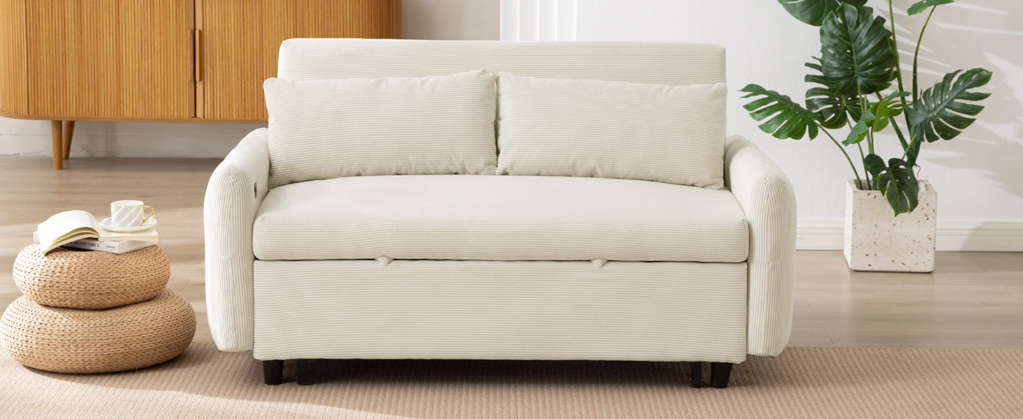 Cream corduroy sofa with striped cushions and hidden storage perfect for small living spaces