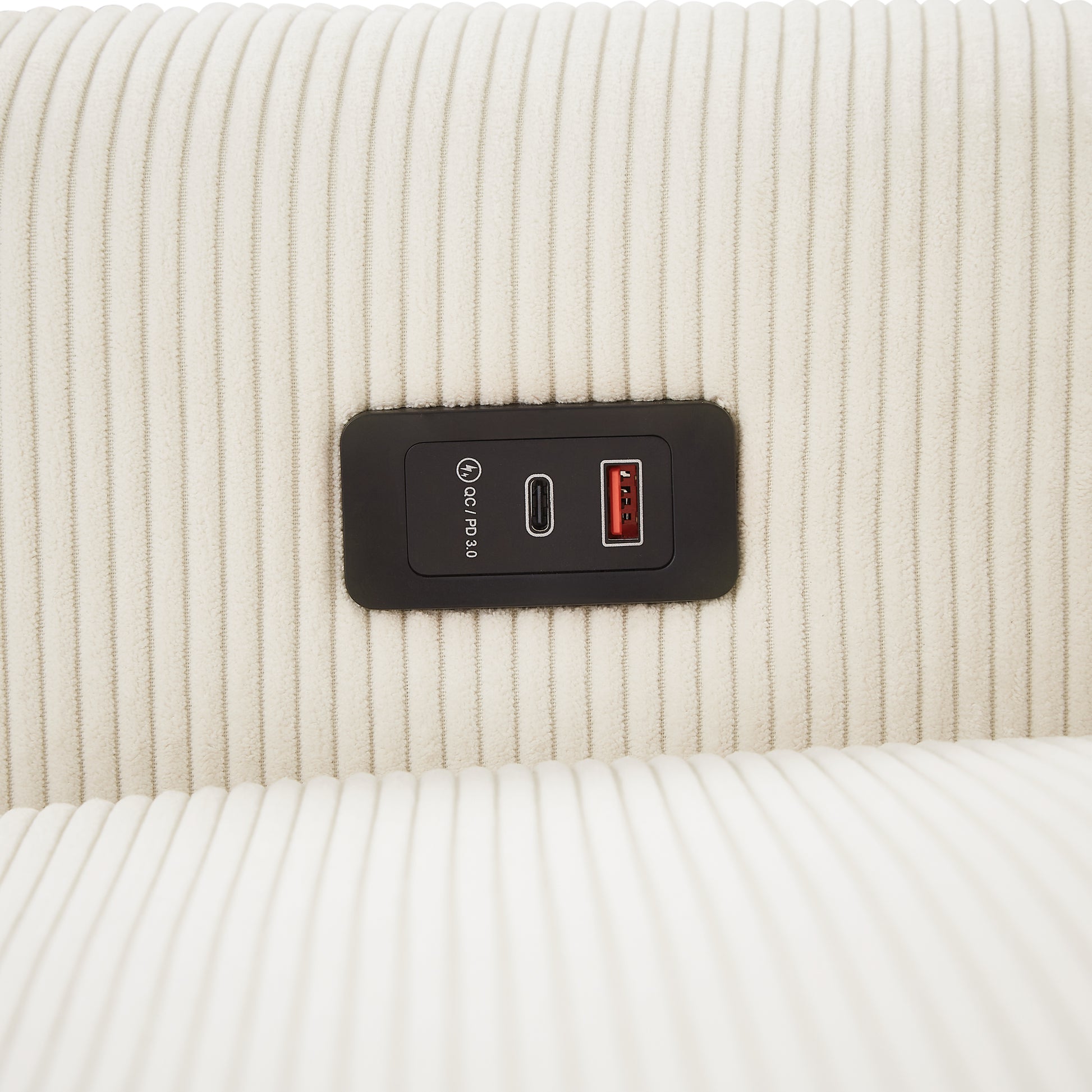 Cream corduroy chair with integrated USBC and USBA charging port