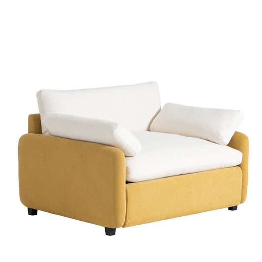 Yellow armchair with plush white seat cushions and an accent pillow