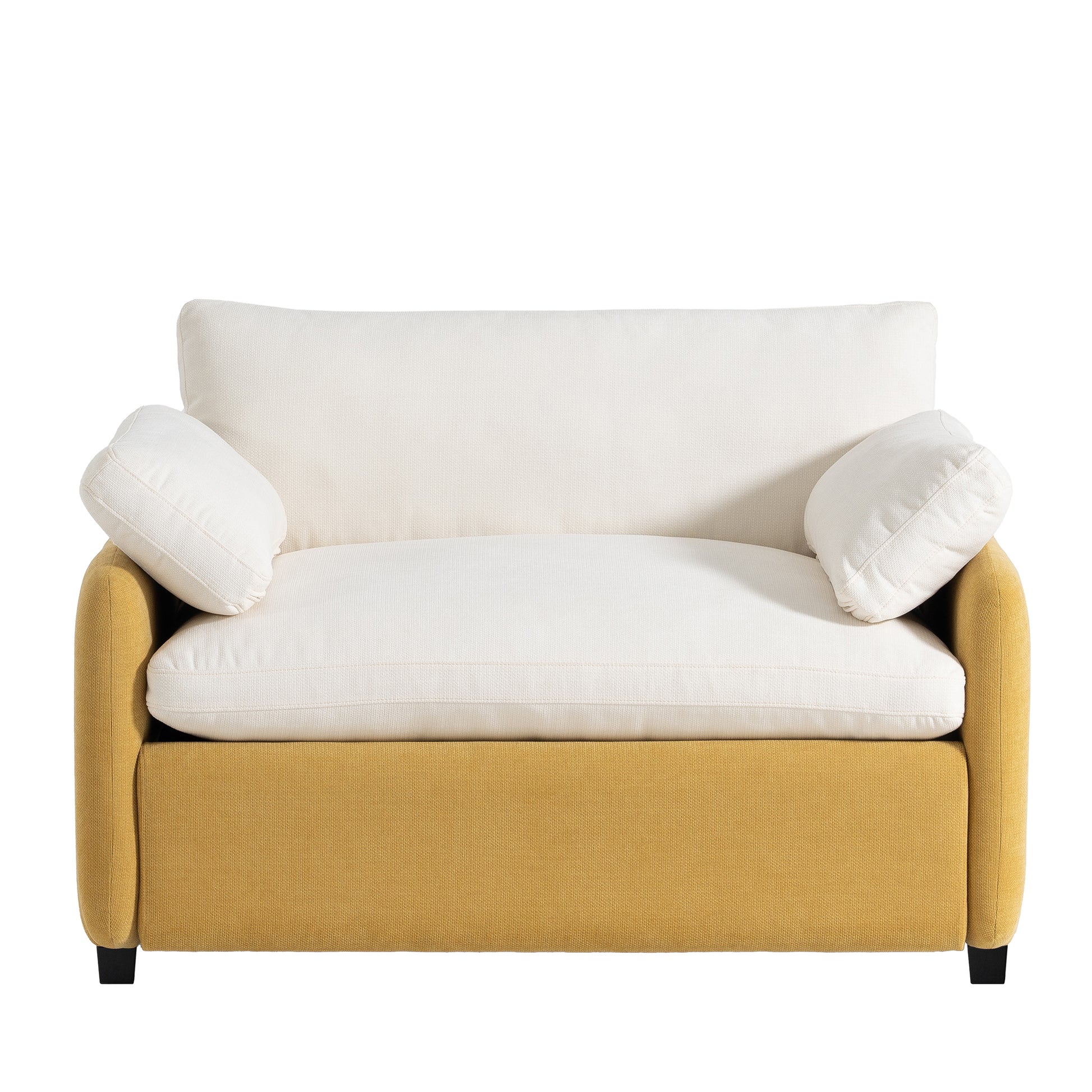 Yellow and white modern accent chair with plush cushions