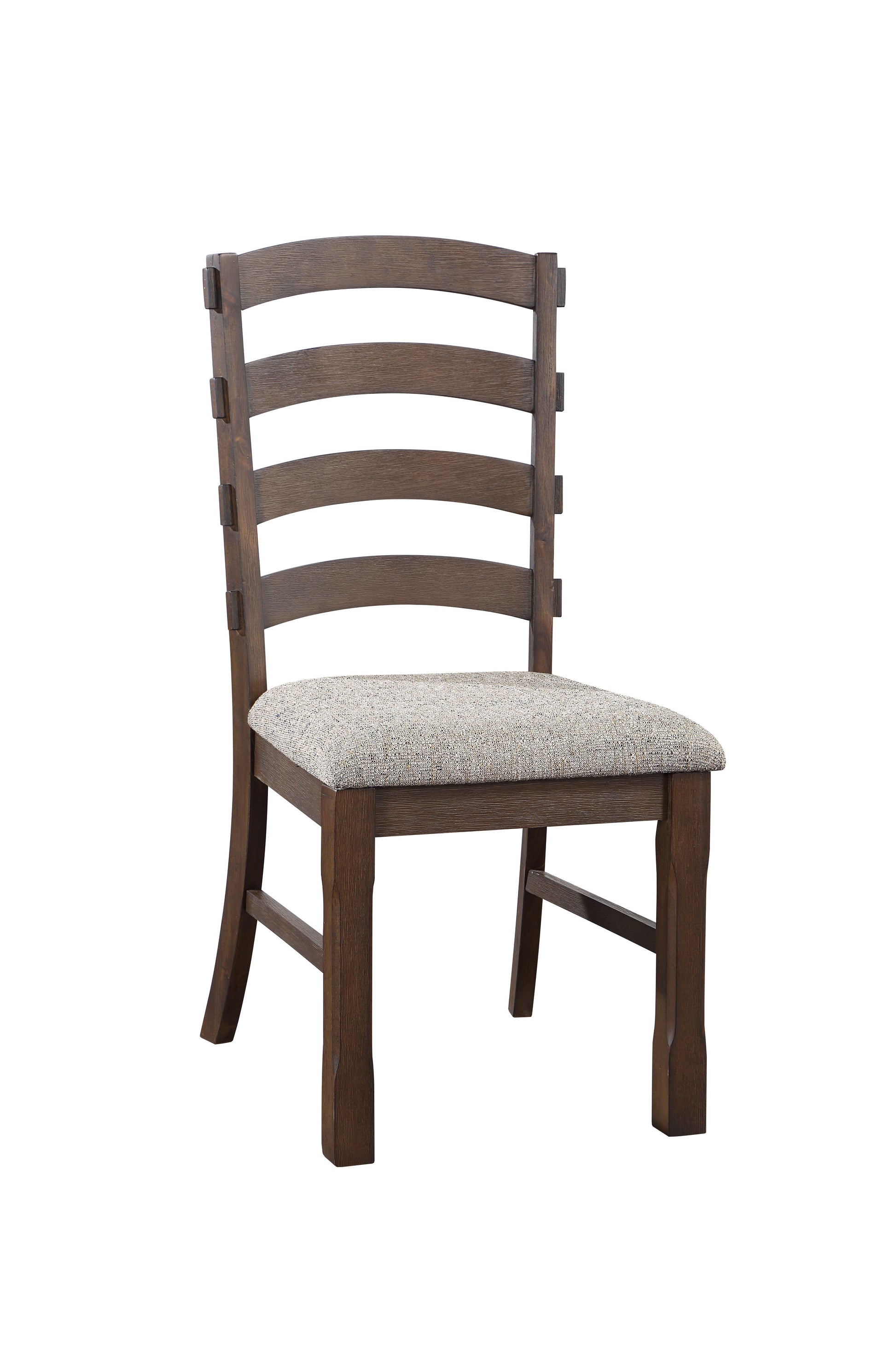 Dark brown wooden dining chair with horizontally slatted back and light grey textured seat