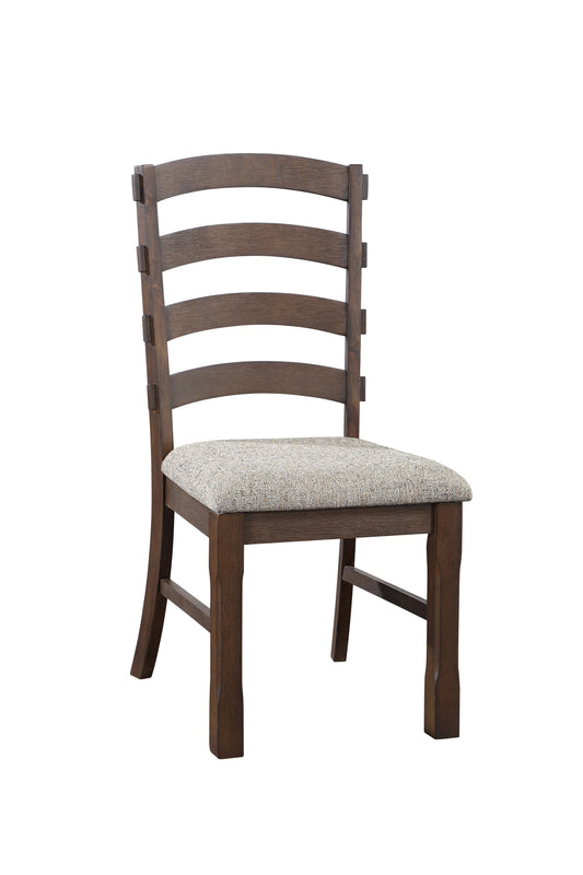 Dark brown wooden dining chair with horizontally slatted back and light grey textured seat