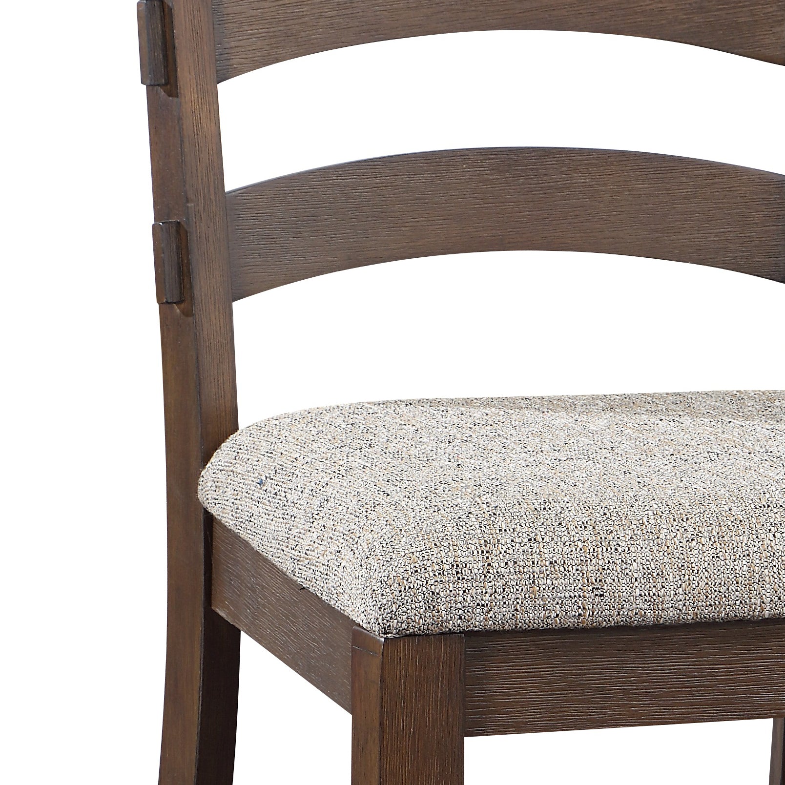 Dark wood dining chair with textured neutral seat