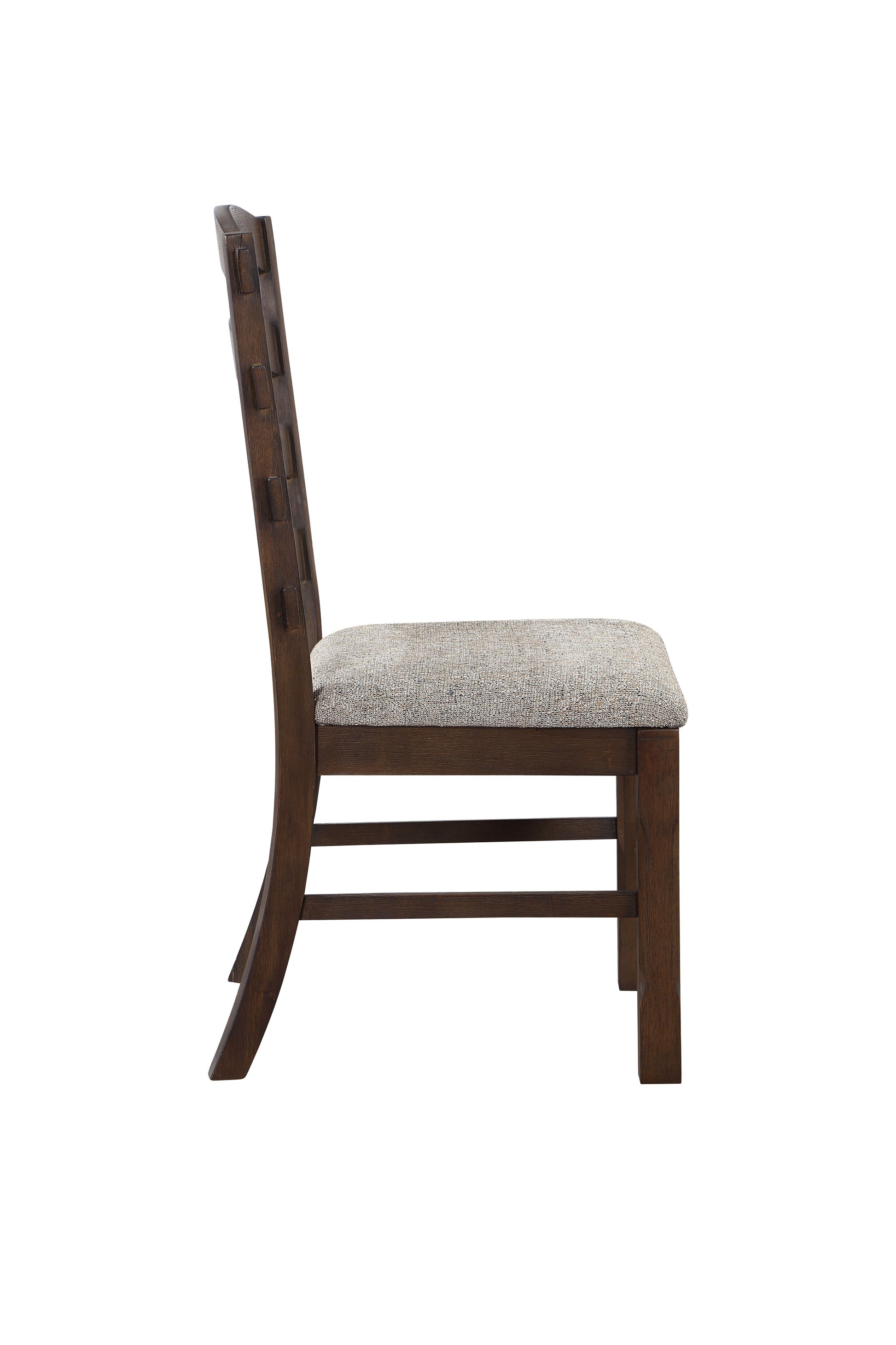 Dark brown wooden dining chair with textured gray fabric seat and carved backrest