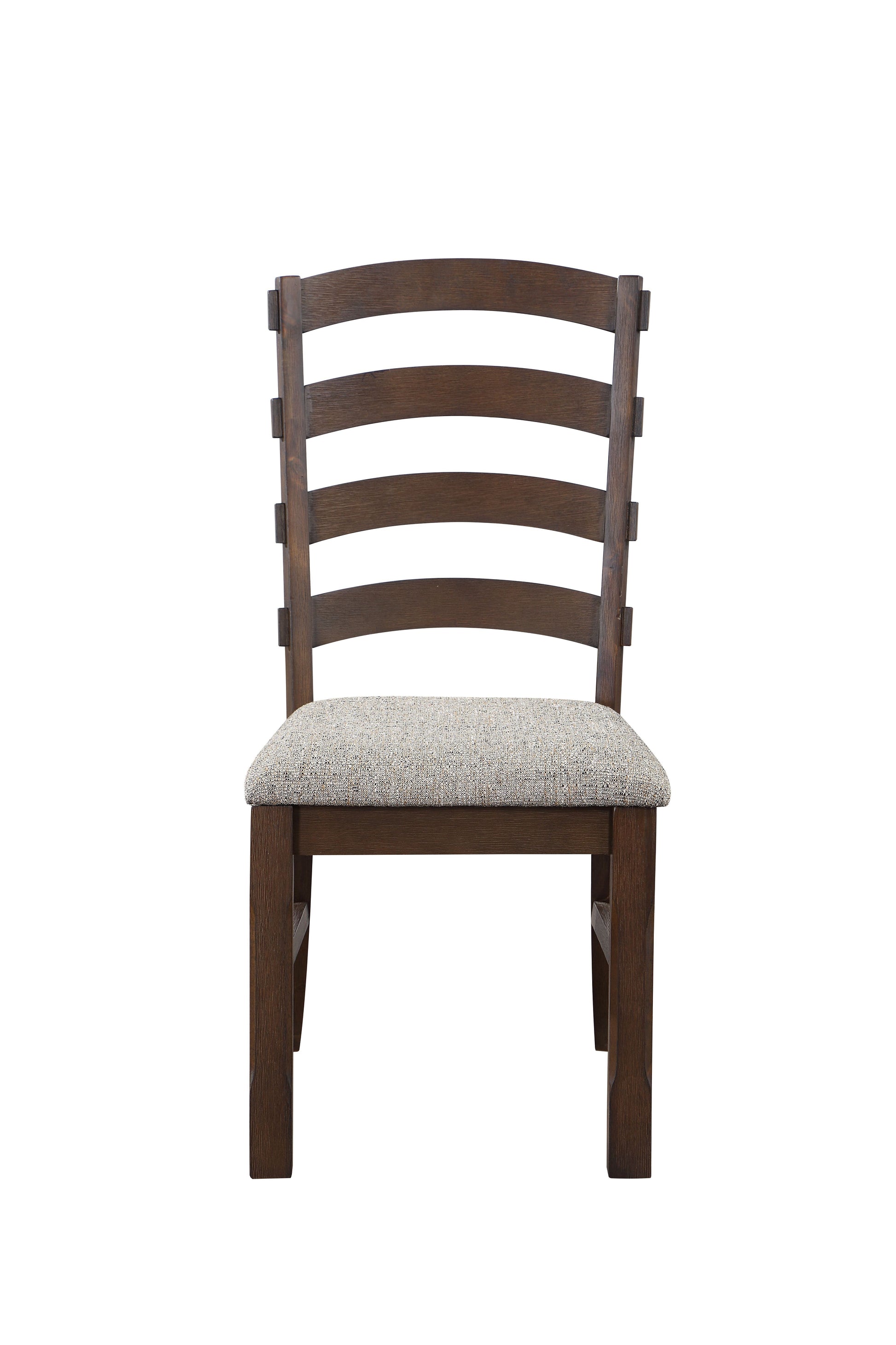 Dark wood dining chair with slatted back and textured seat