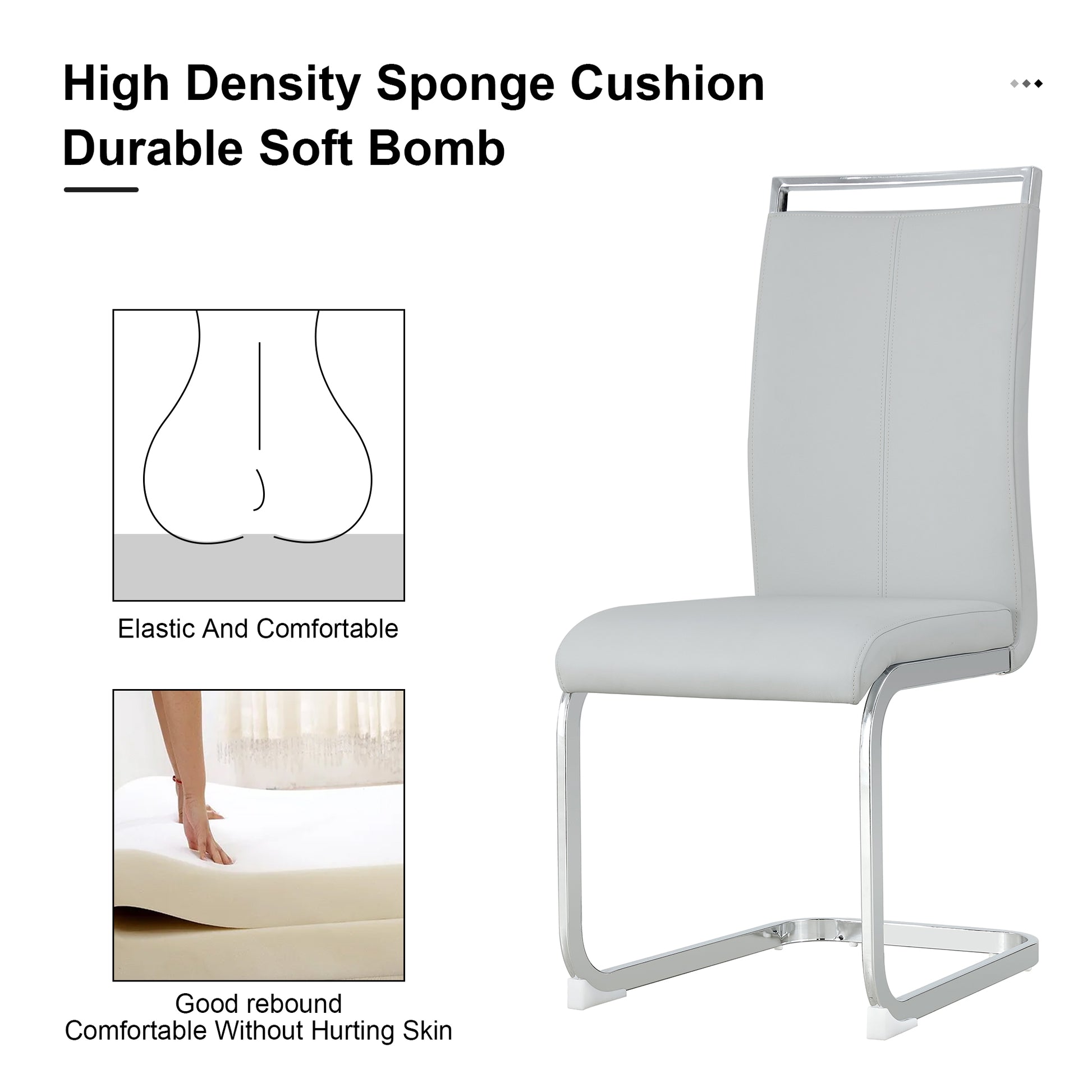 Light gray faux leather dining chair with polished chrome cantilever base