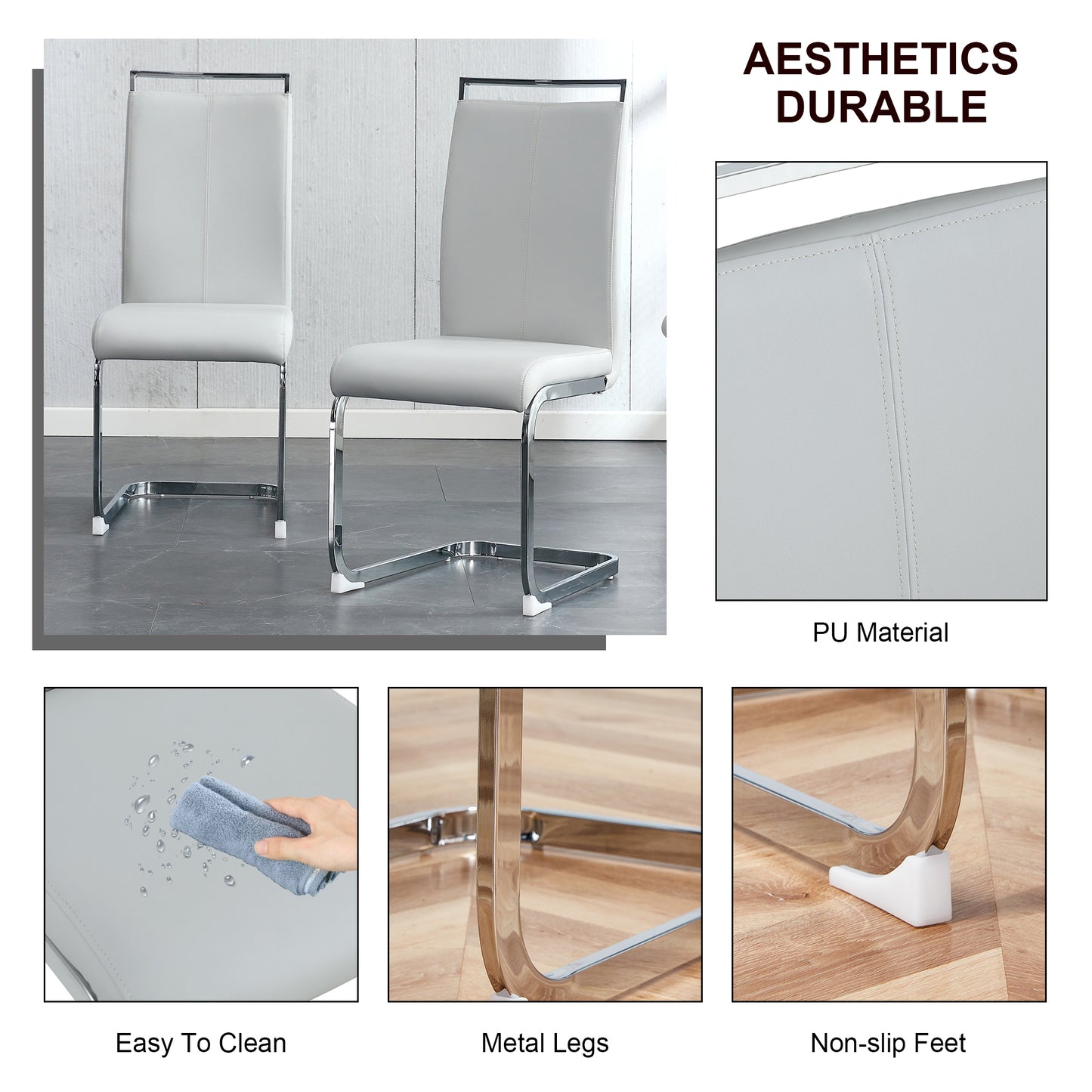 Two light grey modern dining chairs with chrome cantilever legs