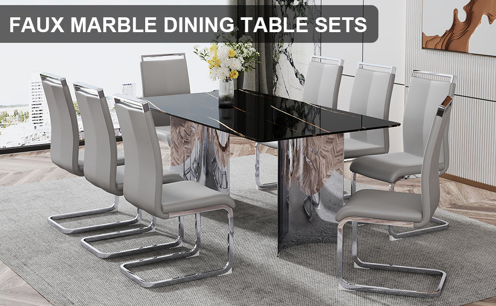 Sleek dining table set with faux marble top and eight grey upholstered chairs