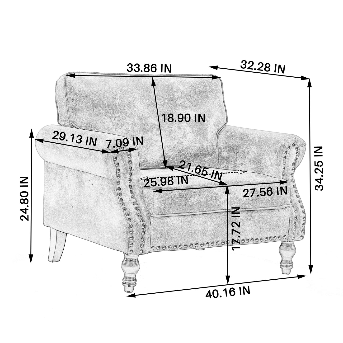 Tufted accent chair with silver nailhead trim and rolled arms measuring  inches wide