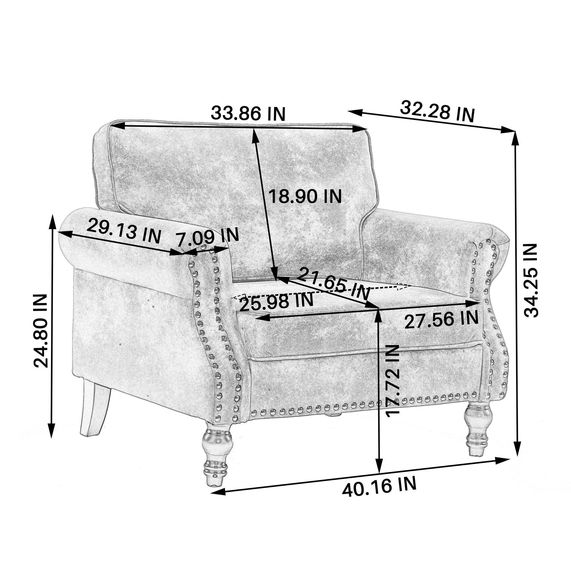Tufted accent chair with silver nailhead trim and rolled arms measuring  inches wide