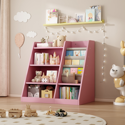 Pink tiered bookshelf with books toys and a castle building set