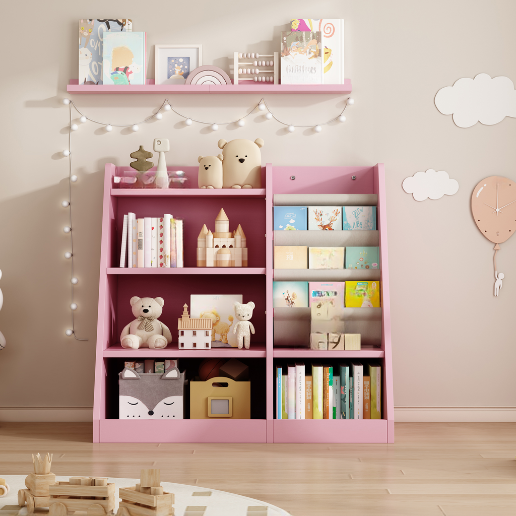 Pink childrens bookshelf filled with toys and books