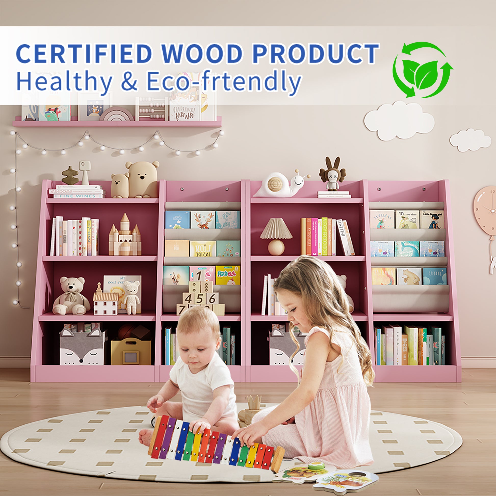 Pink wooden kids bookshelf with books toys and two children playing