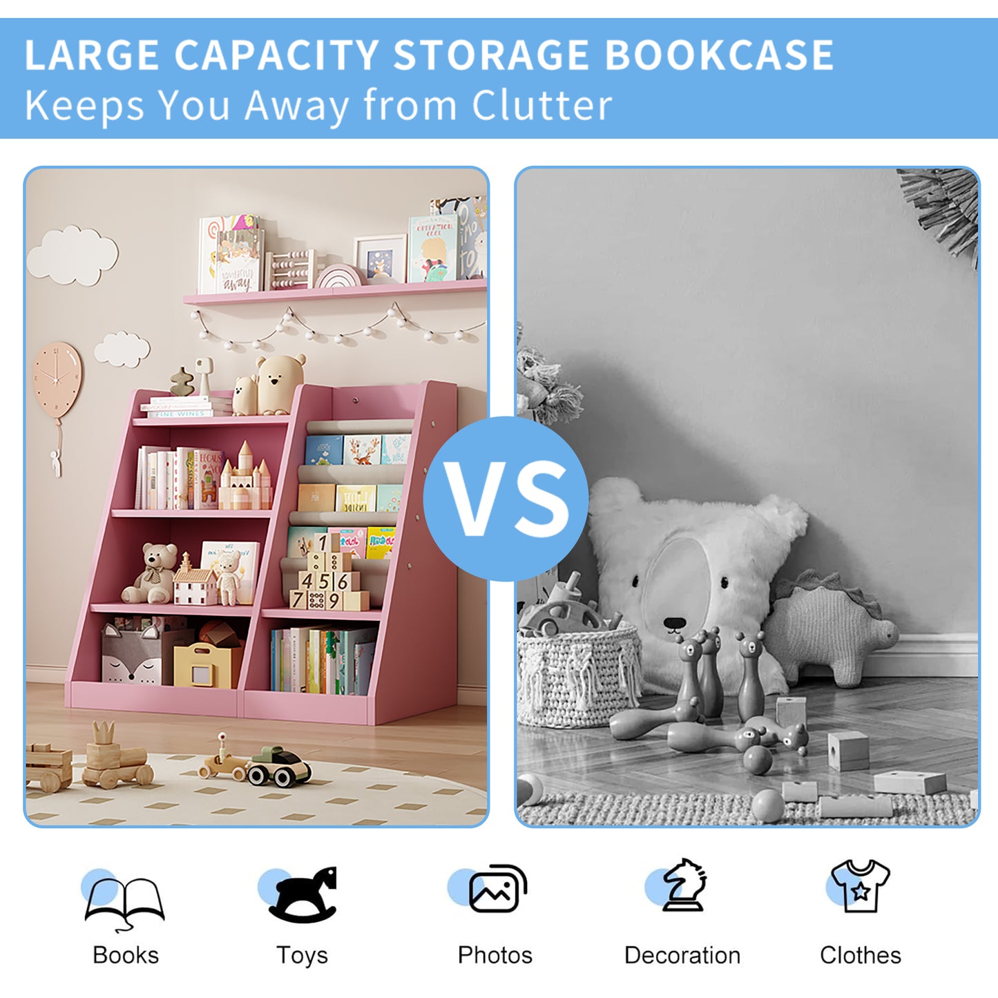 Pink childrens bookshelf filled with toys and books