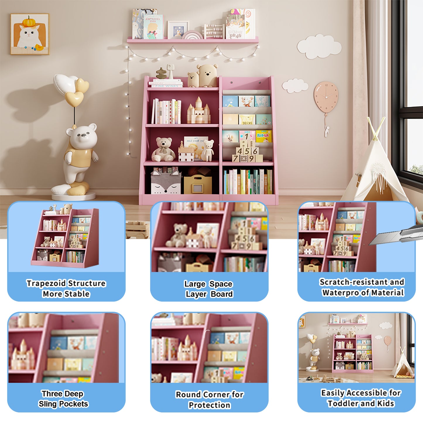 Pink wooden bookshelf with trapezoid structure for stability and childfriendly organization