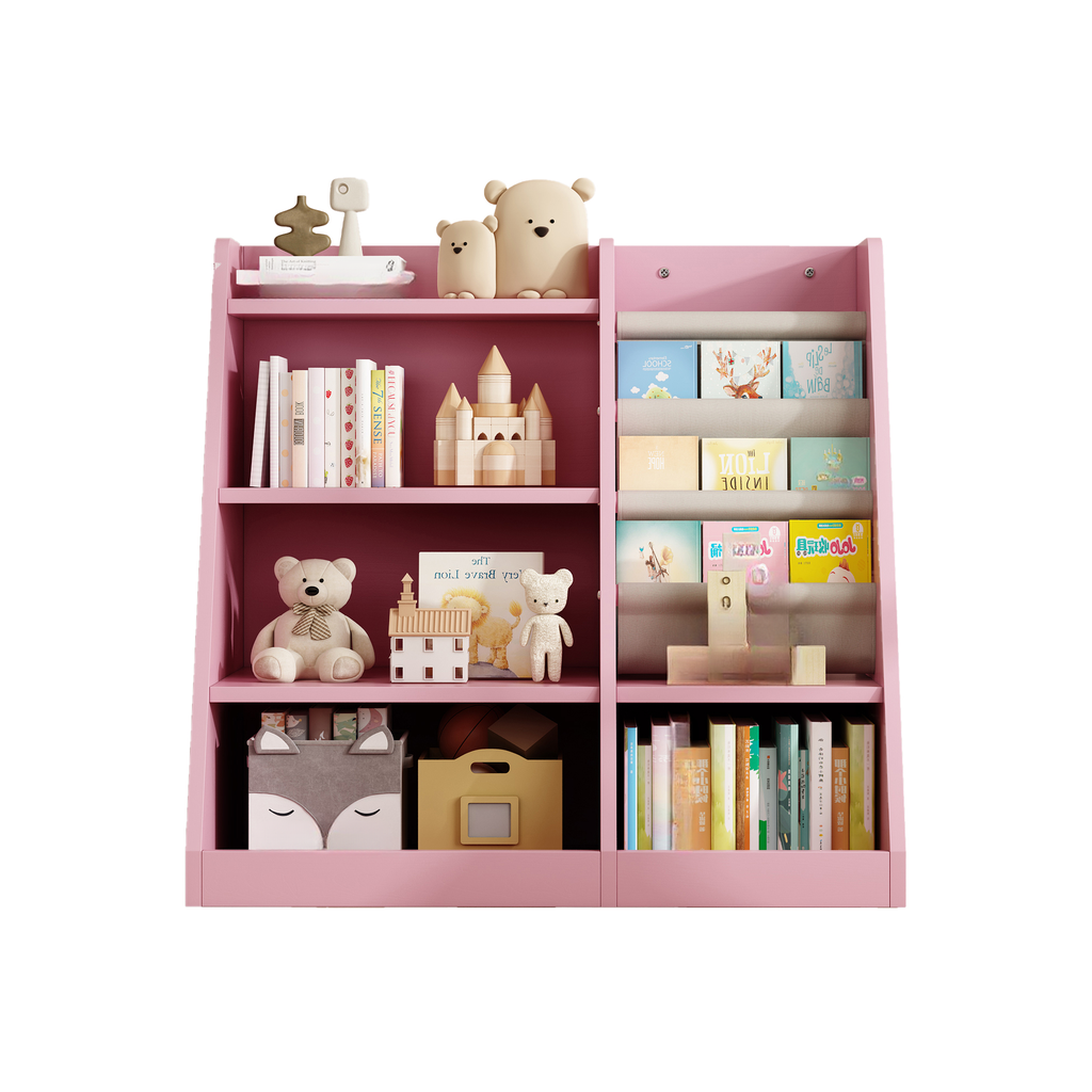 Pink wooden bookshelf with childrens books and stuffed animals on shelves
