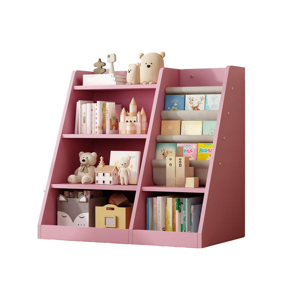 Pink tiered childrens bookshelf filled with books toys and storage bins