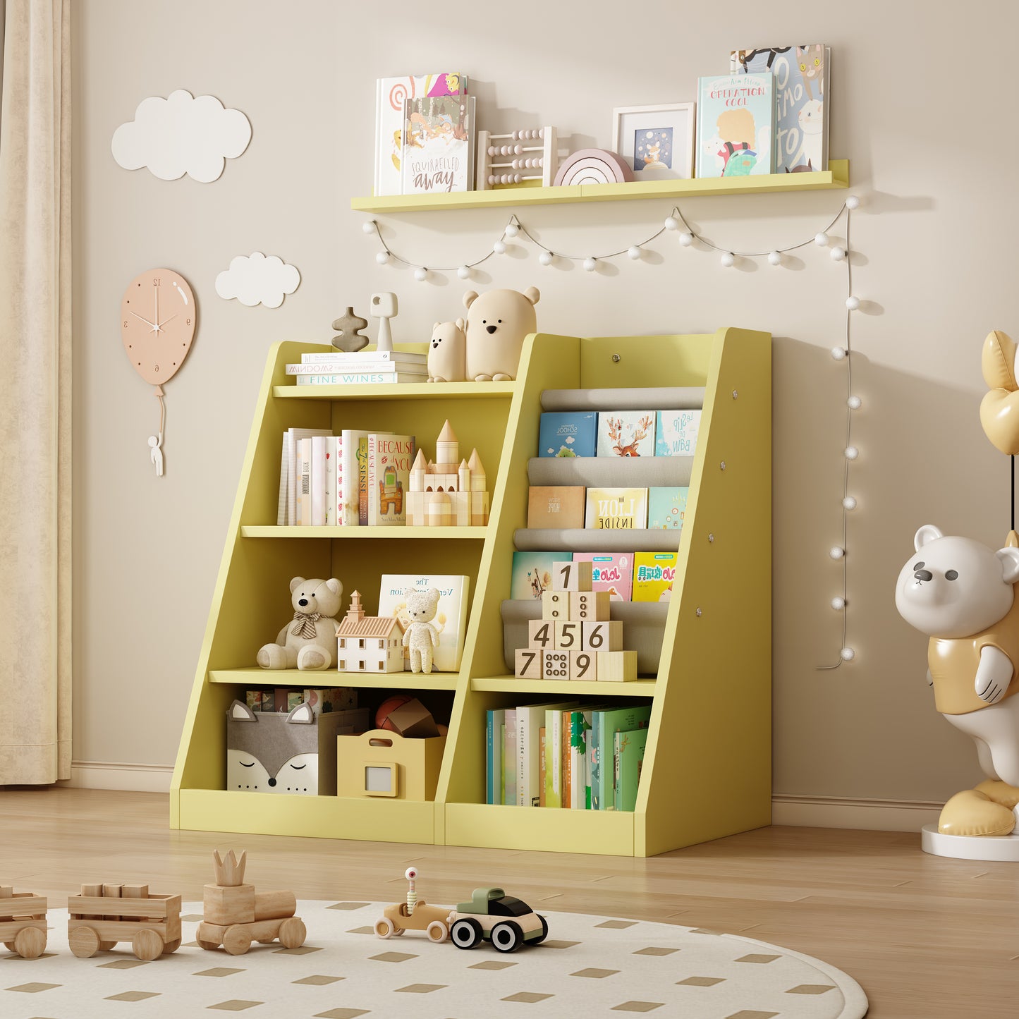 Yellow wooden kids bookshelf filled with storybooks and stuffed animals for nursery decor