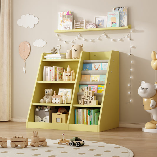 Yellow wooden kids bookshelf filled with storybooks and stuffed animals for nursery decor