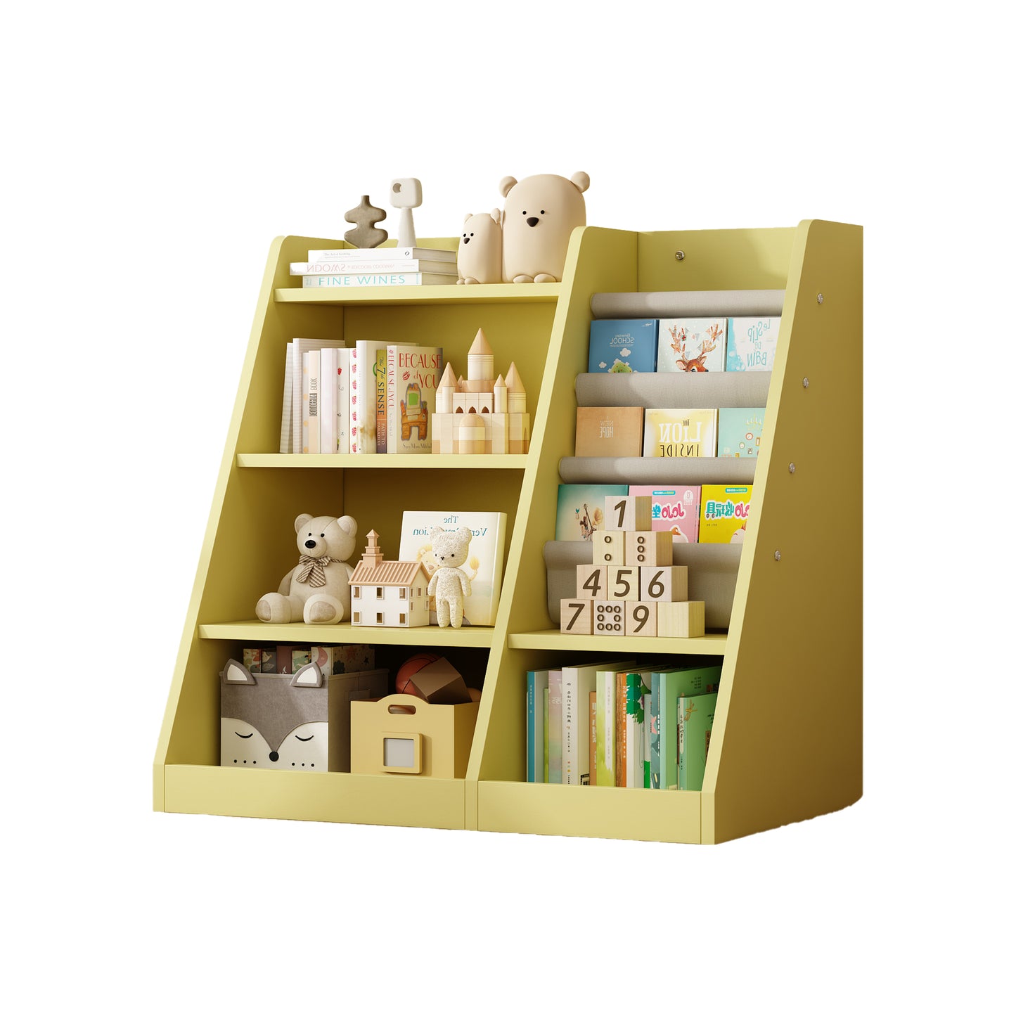 Yellow wooden childrens bookshelf with teddy bear and books