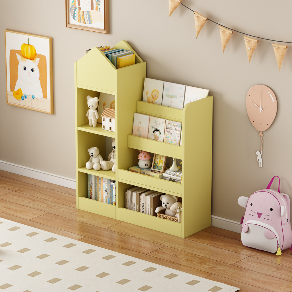 Yellow houseshaped bookshelf with toys and books for kids