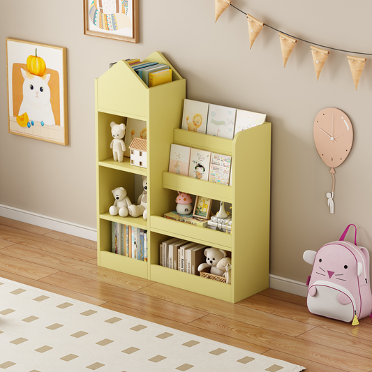 Yellow houseshaped bookshelf with toys and books for kids