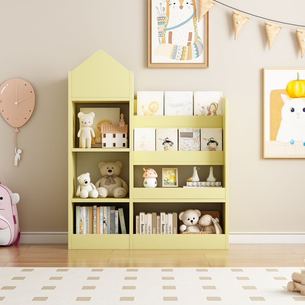 Childrens yellow bookshelf with teddy bears and books