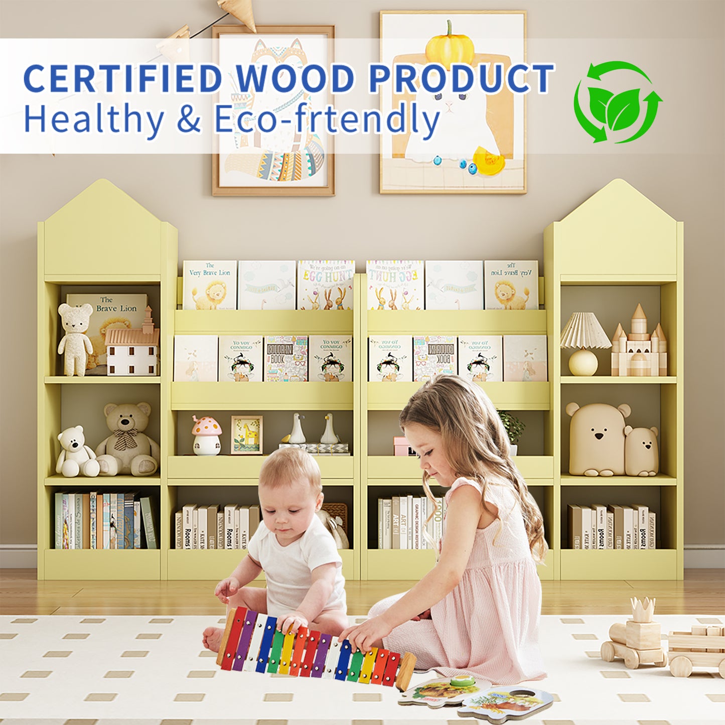 Yellow wooden bookshelf with childrens books and toys perfect for nursery organization