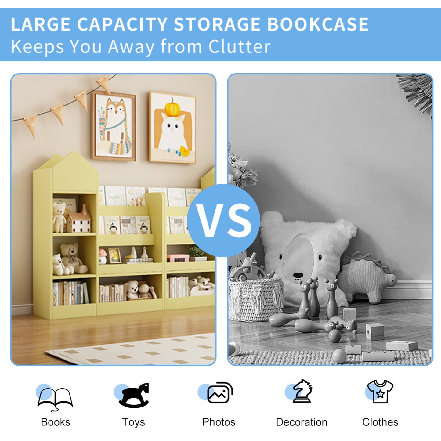 Yellow houseshaped childrens bookshelf filled with toys and books