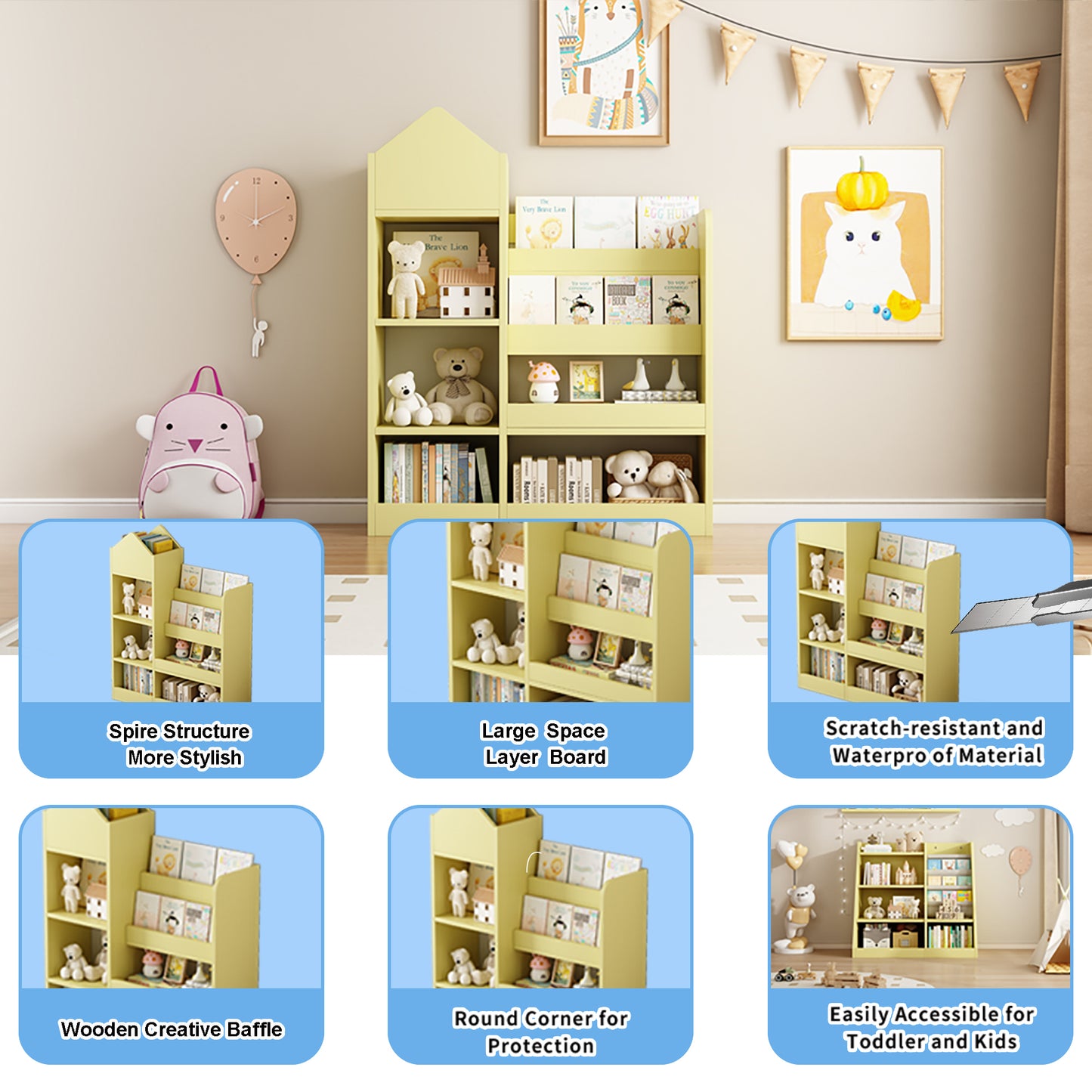Yellow childrens bookshelf with houseshaped top and spire structure