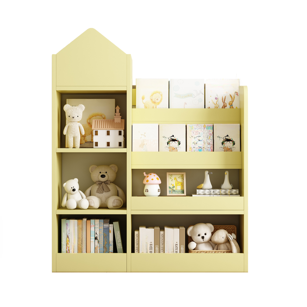 Yellow childrens bookshelf with teddy bears books and decorative items