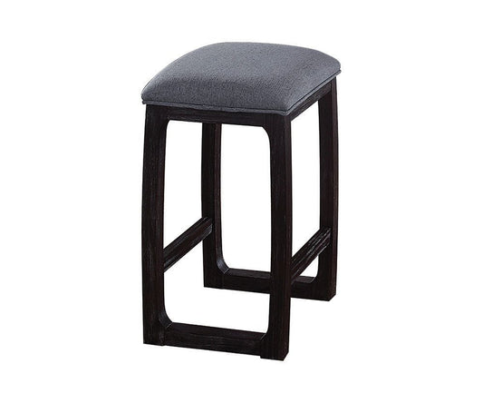 Dark wood counter stool with upholstered grey seat