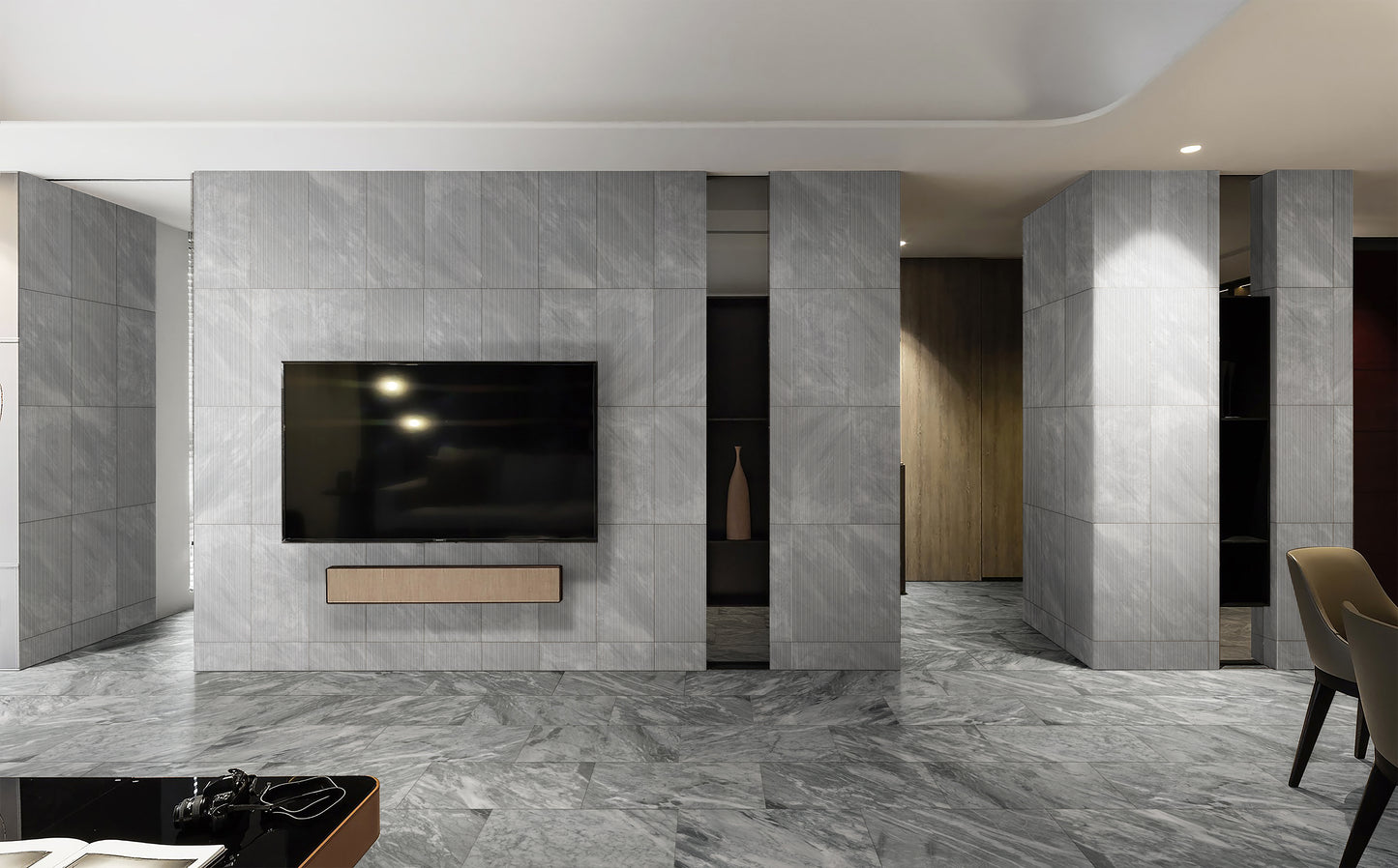 Gray marble tile flooring with a polished finish ideal for modern living spaces