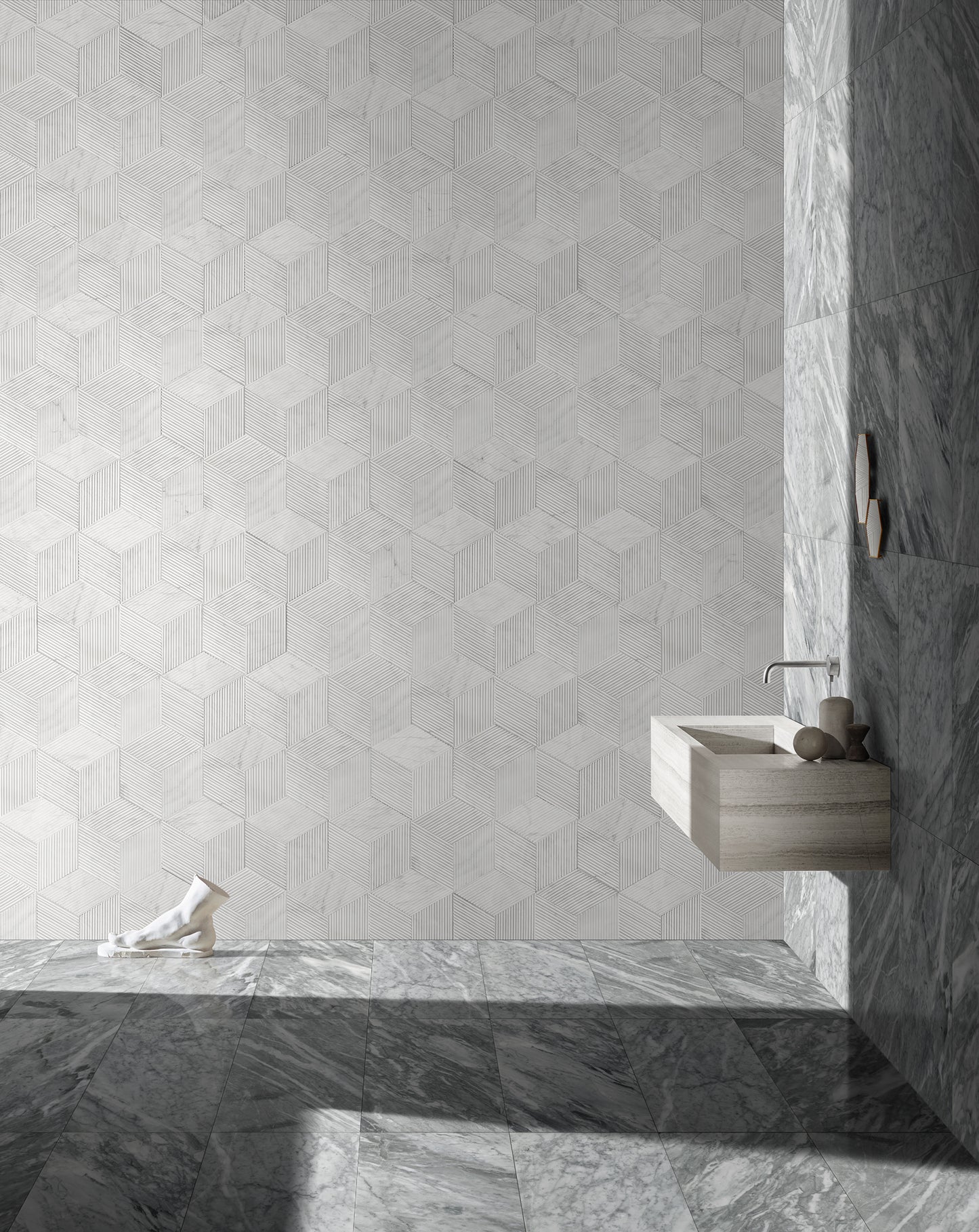 D geometric marble wall tiles with a modern linear design