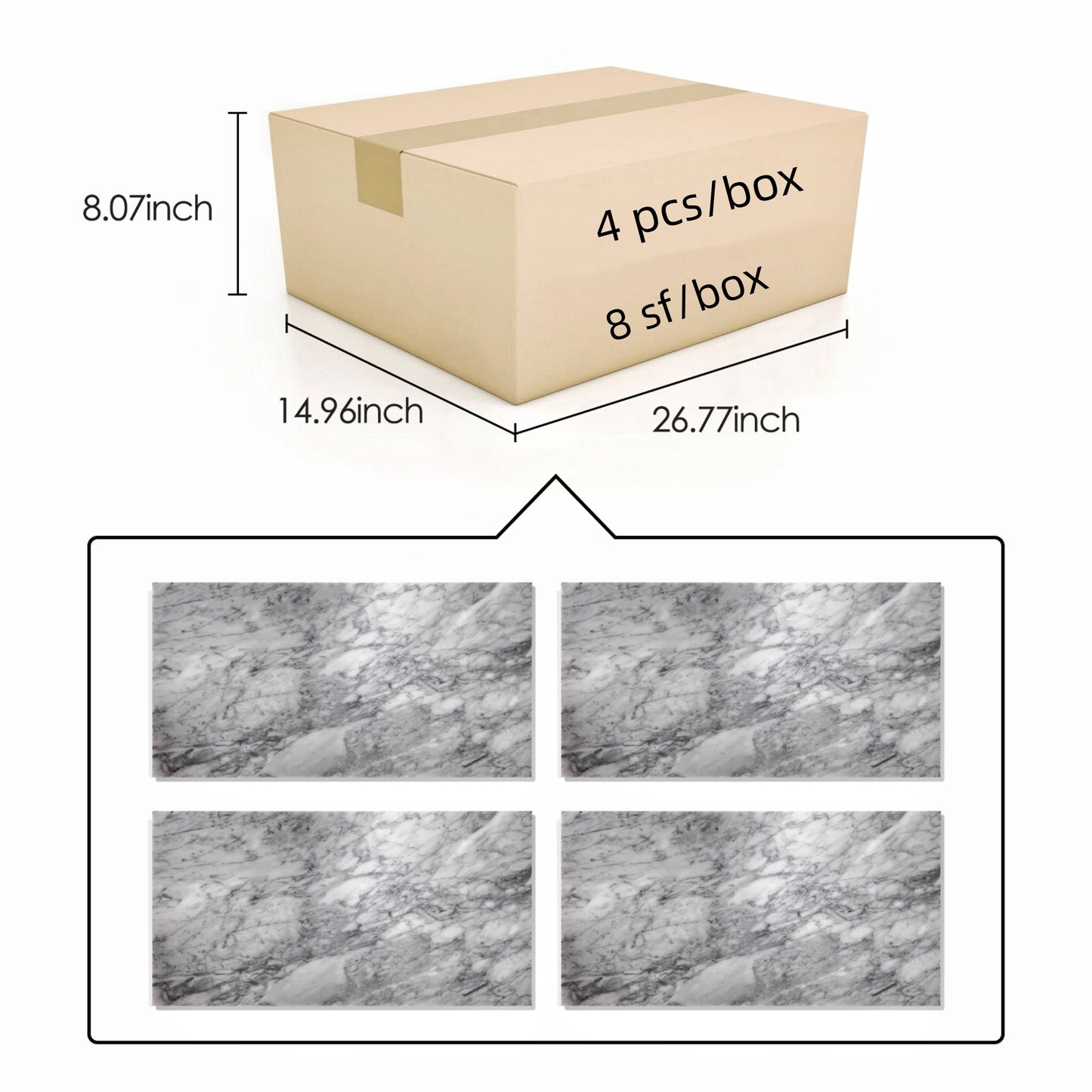 Cardboard box containing four marblepatterned tiles dimensions xxin