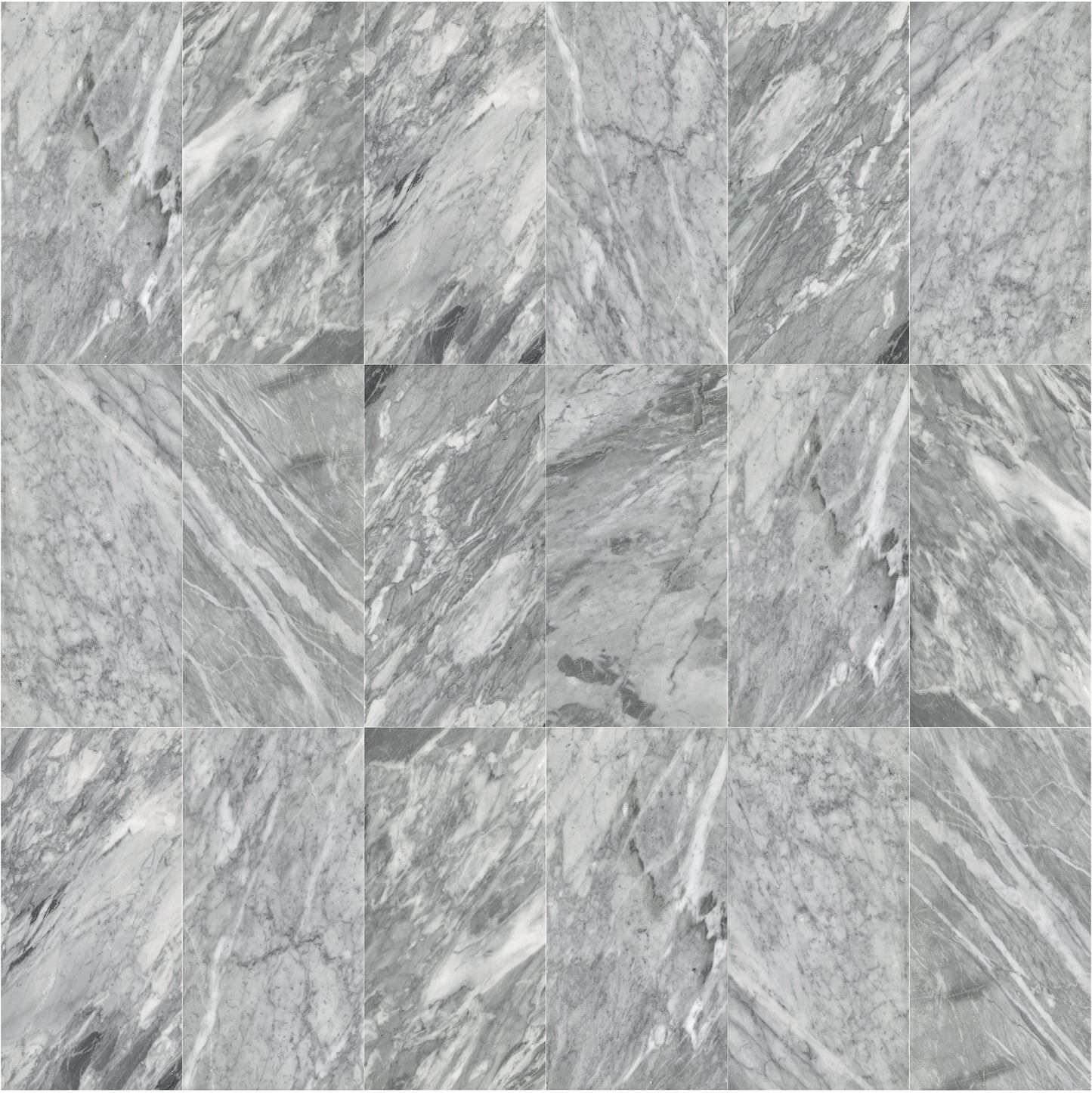 Closeup of a white and grey marble slab with dynamic veining ideal for countertops