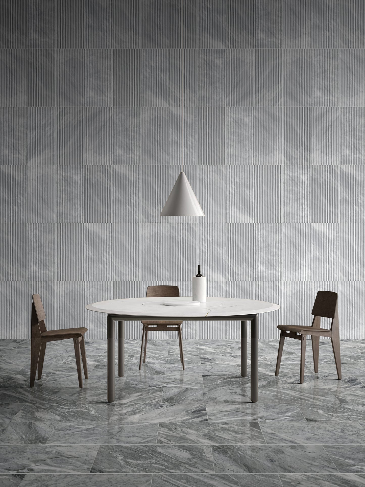 Modern round dining table with white marble top and dark metal legs