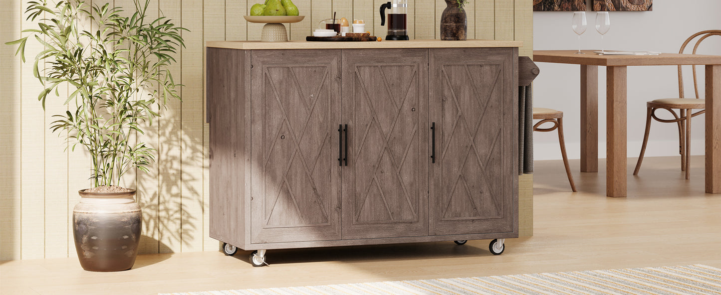 Rustic brown kitchen island with three cabinet doors and wheels