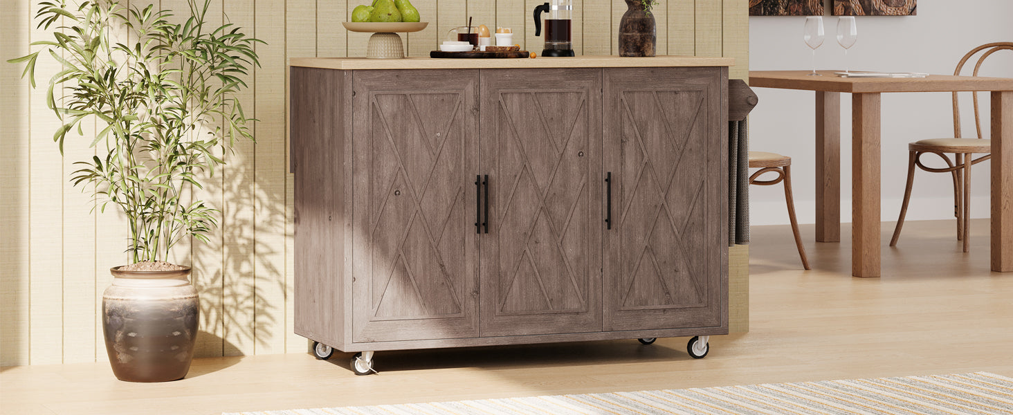 Rustic brown kitchen island with three cabinet doors and wheels