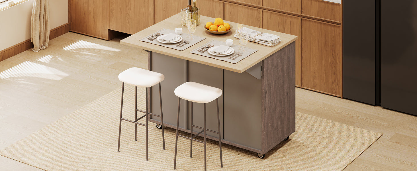 Light oak kitchen island with grey base and two white stools